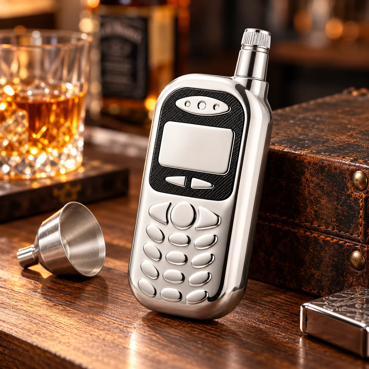 Vintage Collectible Liquor Bottles - 3オンスのステンレス製、ヴィンテージ風携帯電話型ヒップフラスコ。ミニサイズのレトロな携帯電話型酒瓶。ユニークなデザインで、コレクションやプレゼントに最適。