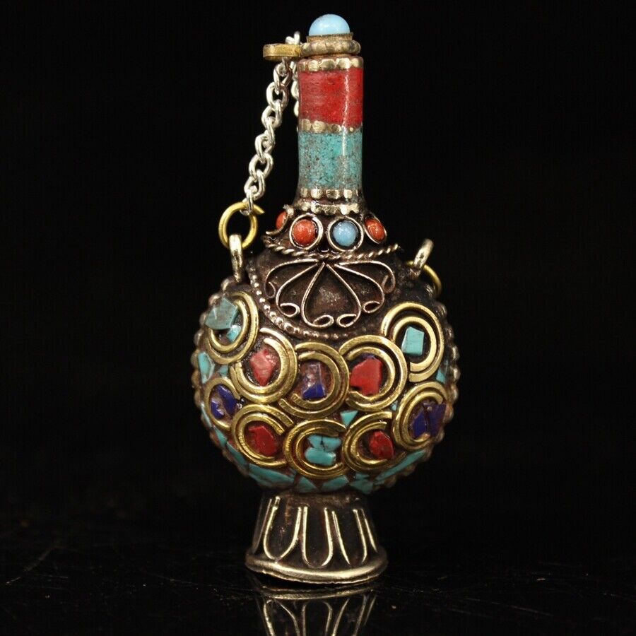 Vintage Collectible Bottles - コレクション中国の真鍮象嵌宝石製嗅ぎタバコ瓶ヴィンテージアートワーク